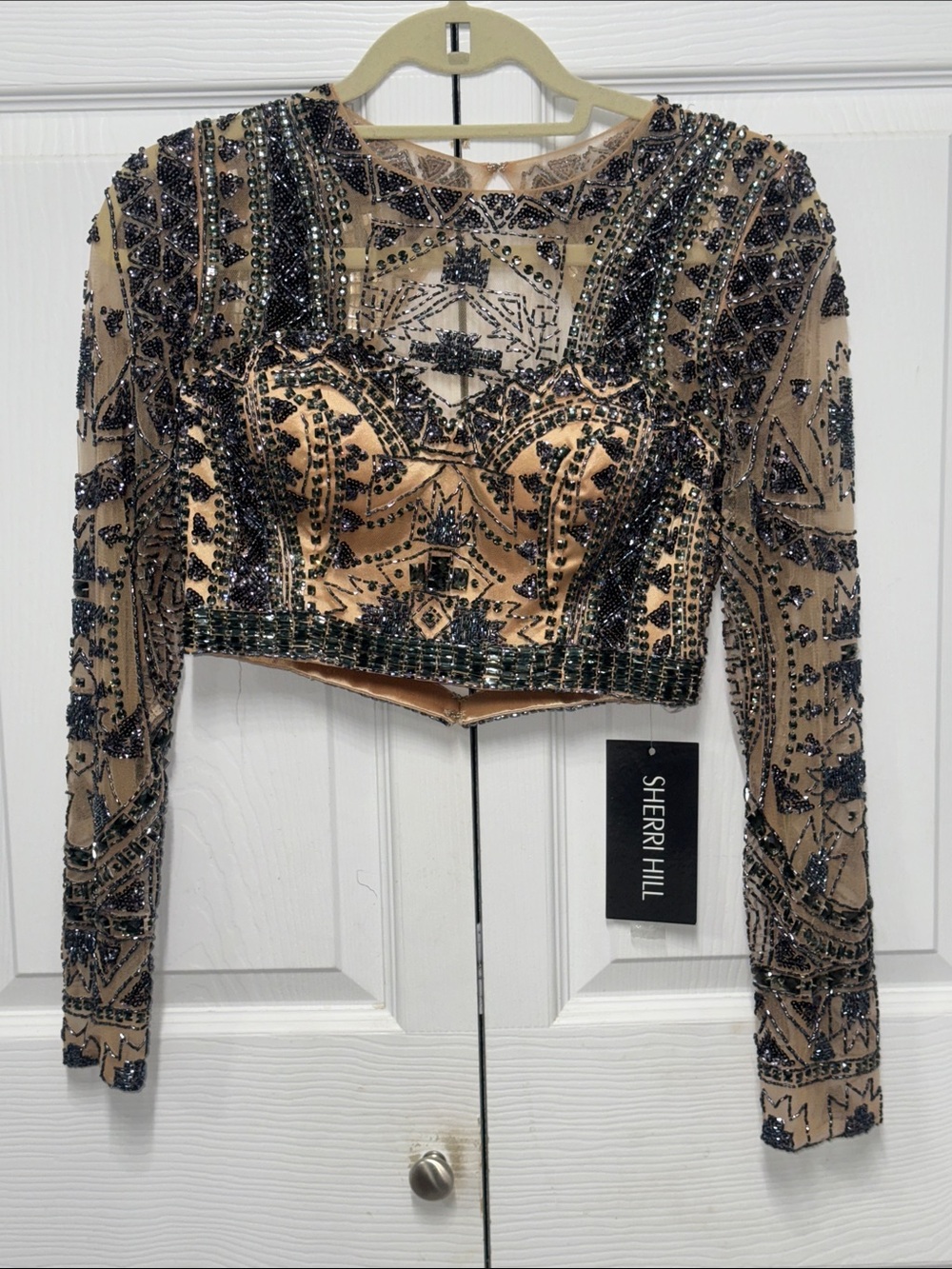 Sherri Hill Beaded Long Sleeve Crop Top Navy/Nude Size 4